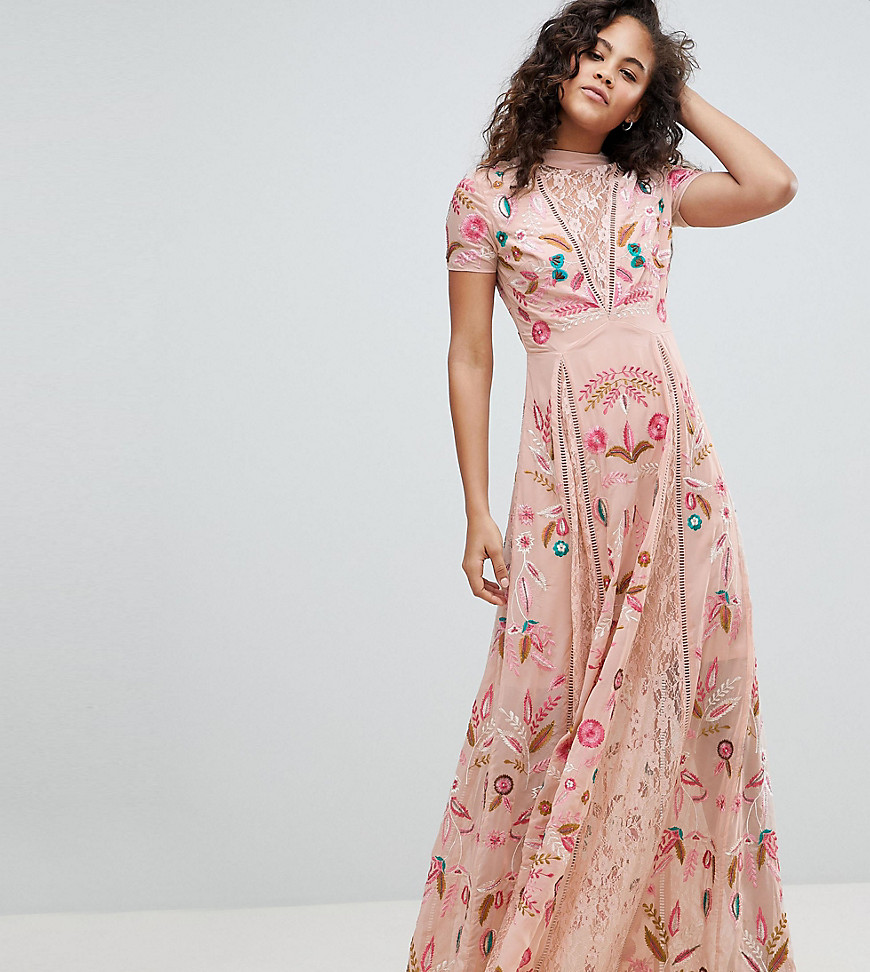 Frock And Frill Tall Allover Embroidered Plunge Front Maxi Dress