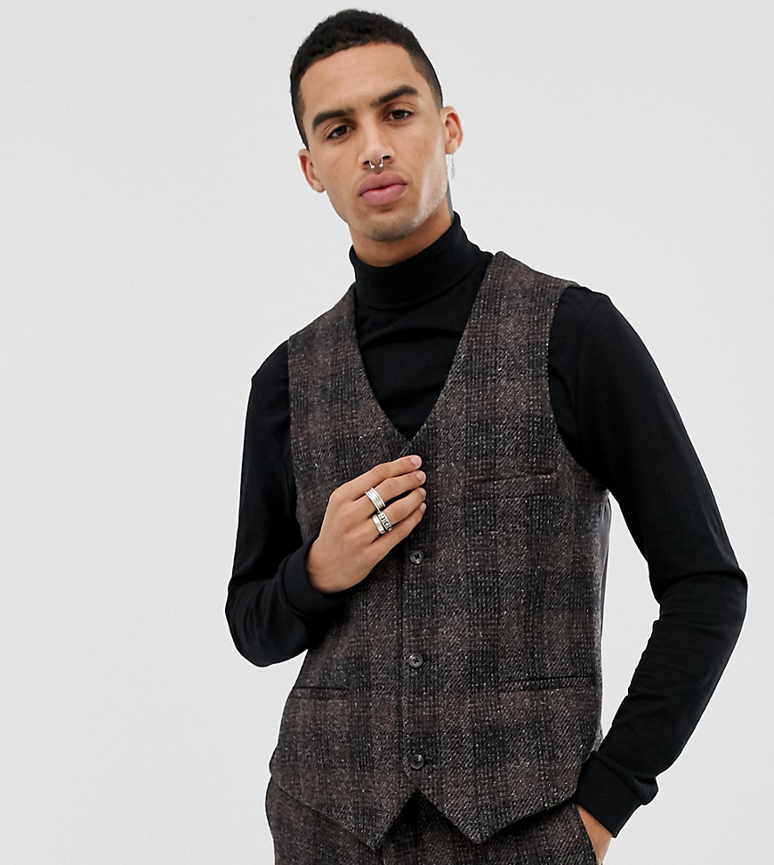 Heart & Dagger slim suit waistcoat in brown harris tweed