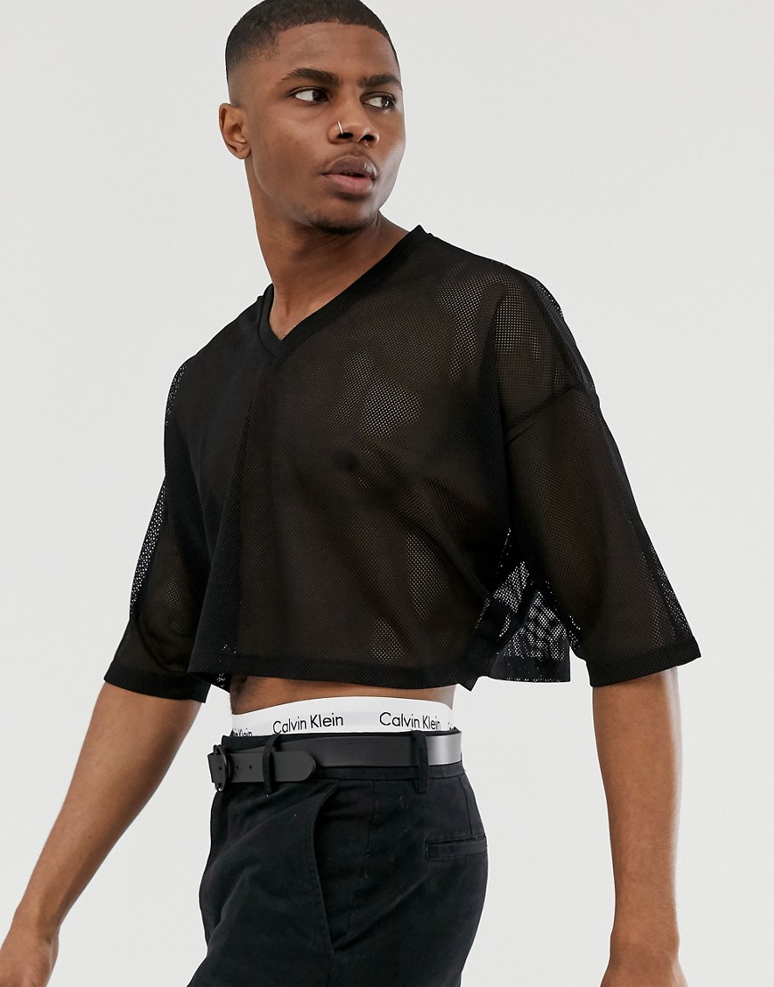 ASOS DESIGN cropped oversized t-shirt with v-neck in mesh in black