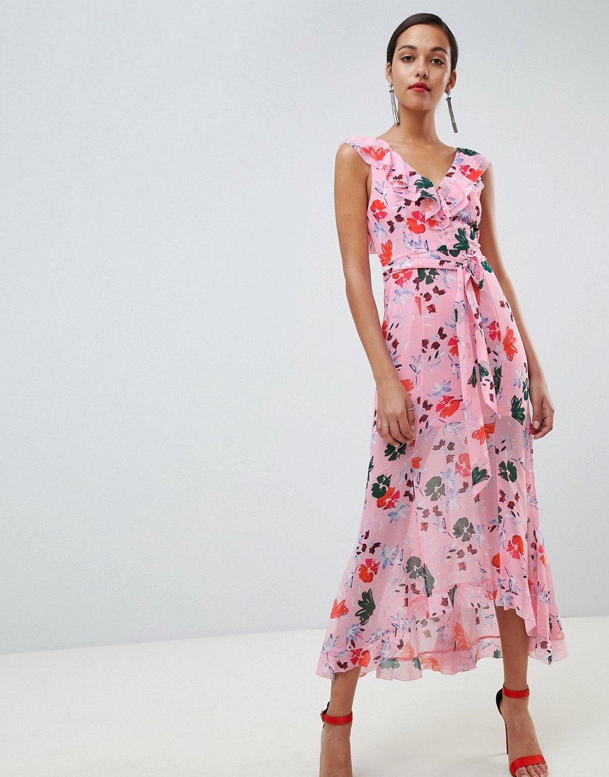 C/meo Floral Ruffle Midi Dress - Pink floral
