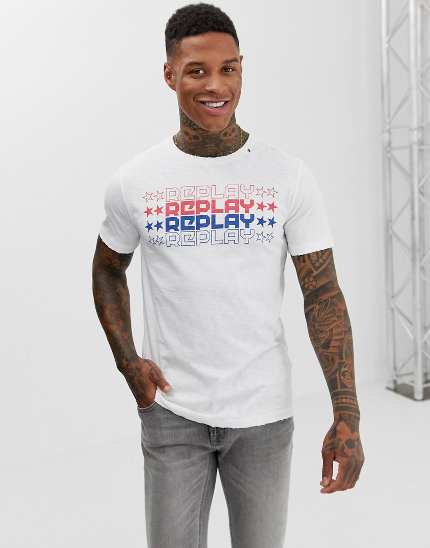 Replay repeat logo crew neck t-shirt in white