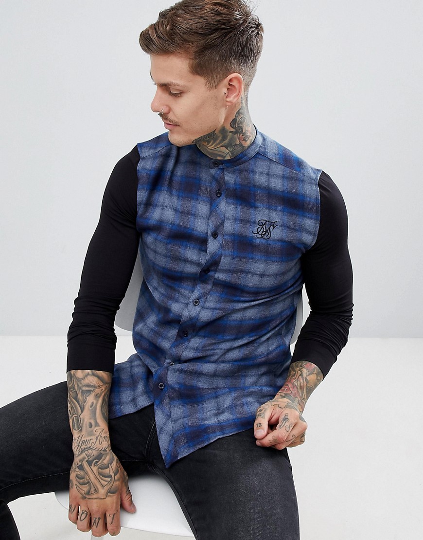 SikSilk grandad collar check shirt in blue with jersey sleeves