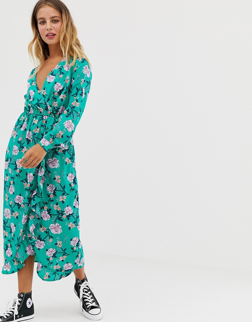Influence floral print wrap midi dress with ruffle