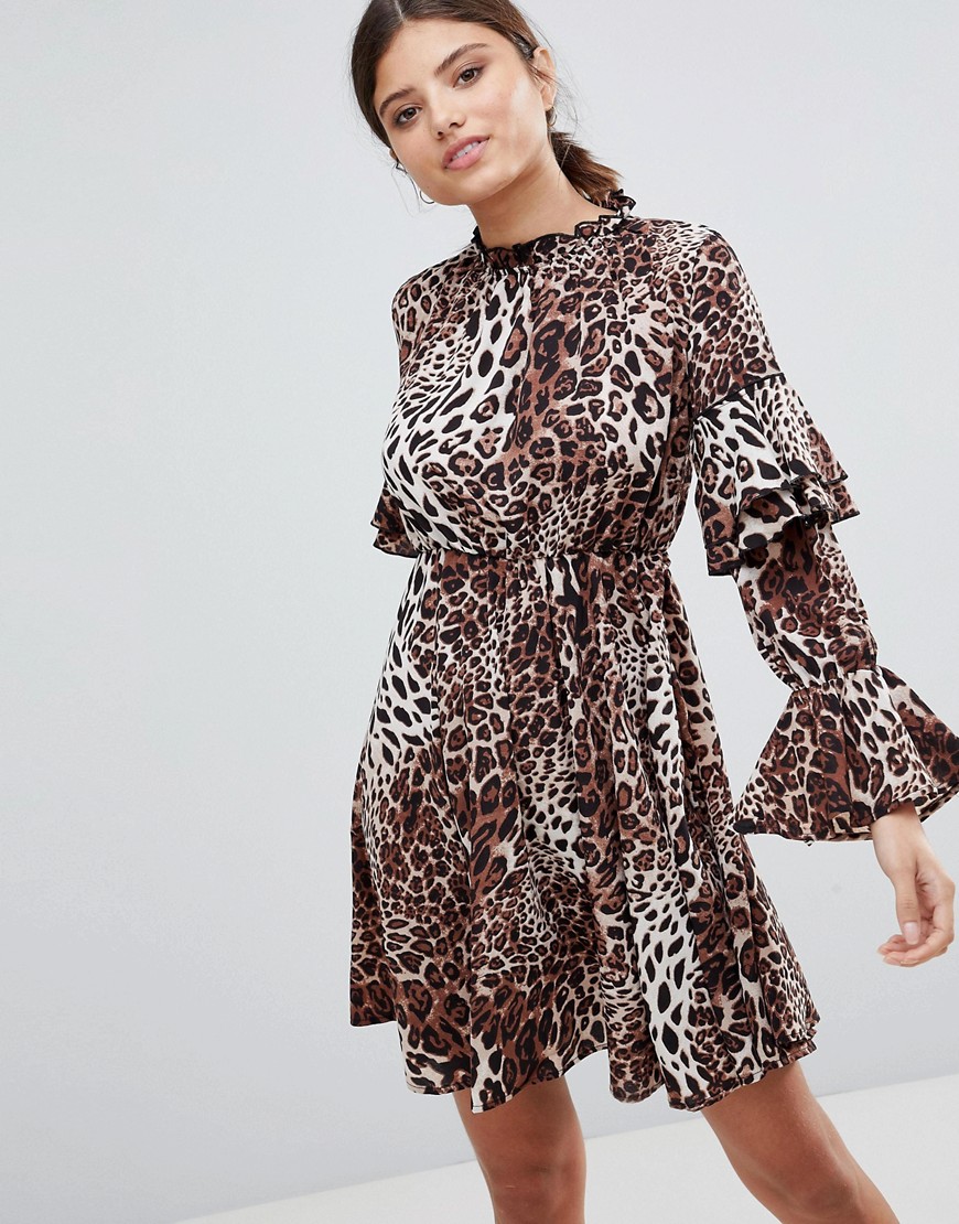 Club L High Neck Leopard Detailed Tiered Arm Dress