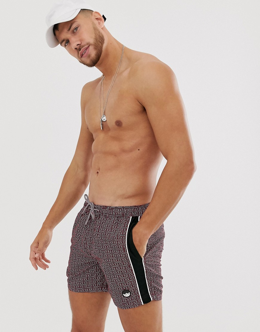 Burton Menswear swimshorts with side stripe in burgundy
