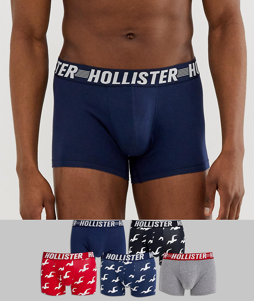 Hollister 5 pack trunks logo waistband in navy/grey solid & black/navy/navy seagull print