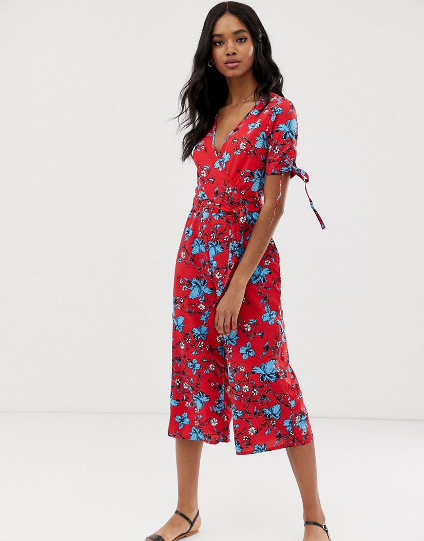 QED London floral wrap front jumpsuit with tie sleeve detail