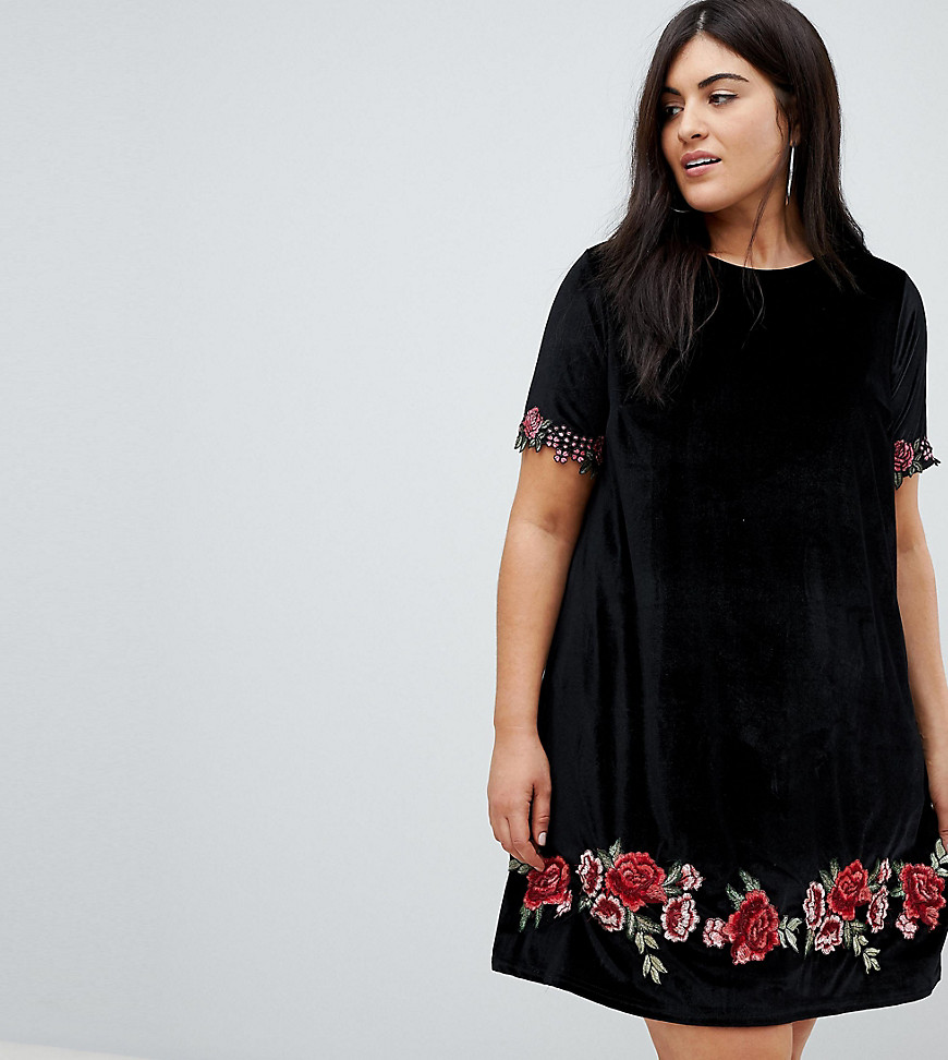 Club L Plus Velvet Shift With Rose Embroidery - Black