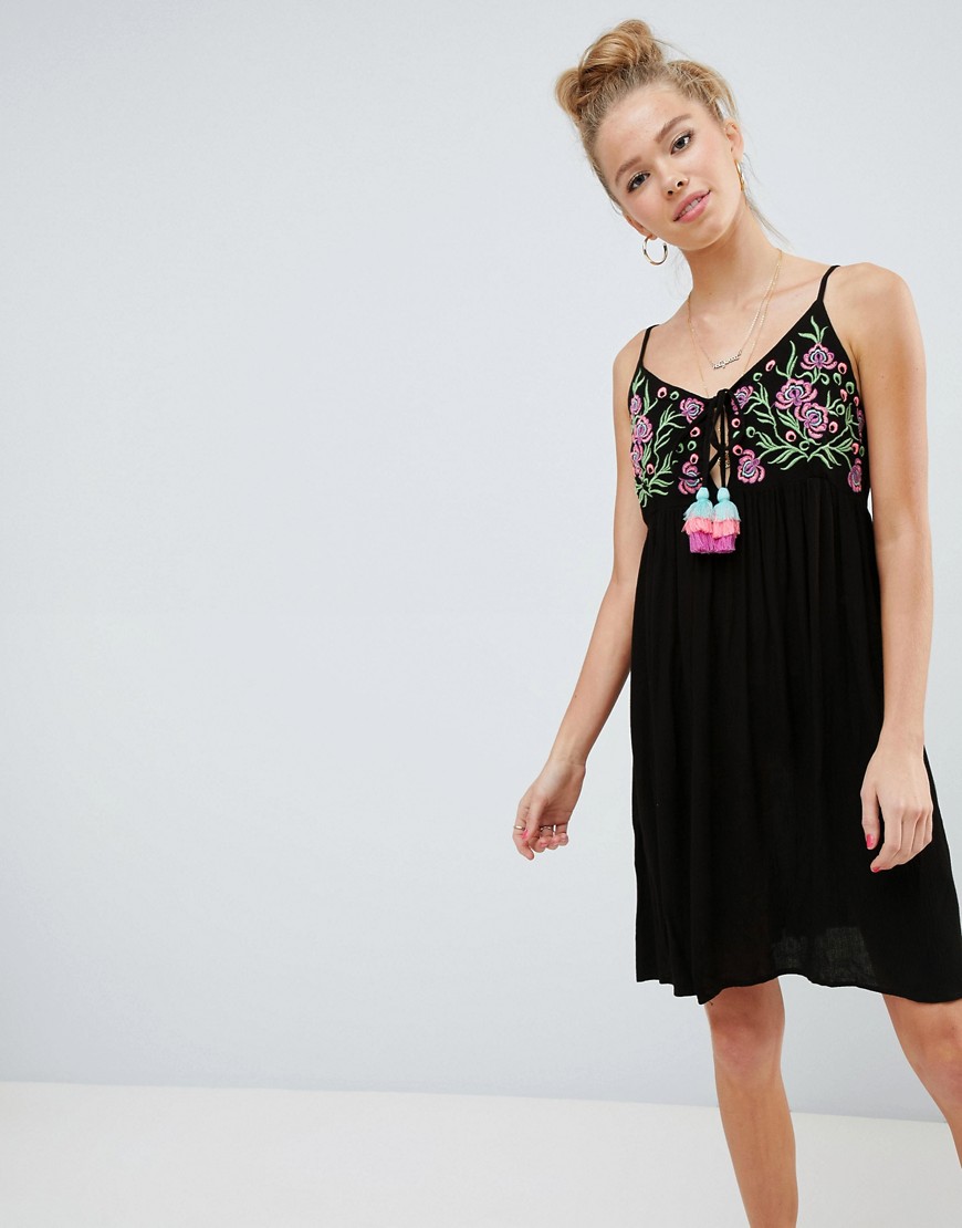 Glamorous Cami Dress With Embroidered Panel And Tassle Ties