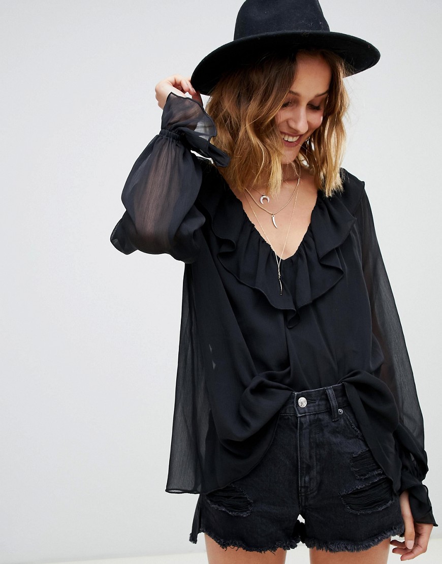 ASOS DESIGN long sleeve sheer blouse with ruffle detail and cami