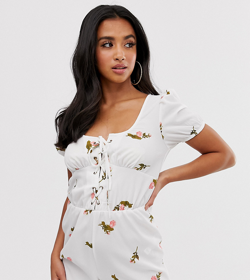 ASOS DESIGN Petite beach playsuit with plunge lace up detail & milkmaid sleeves in floral print