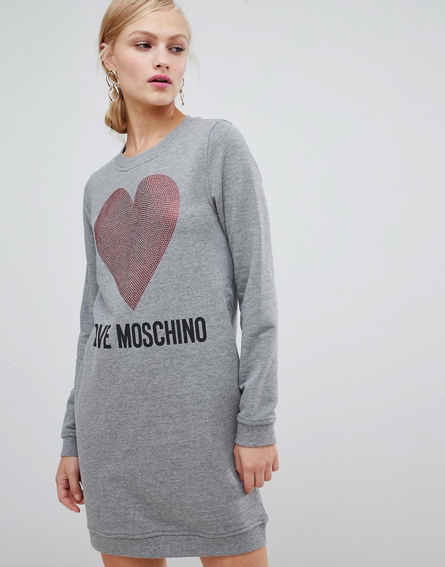 Love Moschino Embellished Heart Logo Sweater Dress Gray Modesens