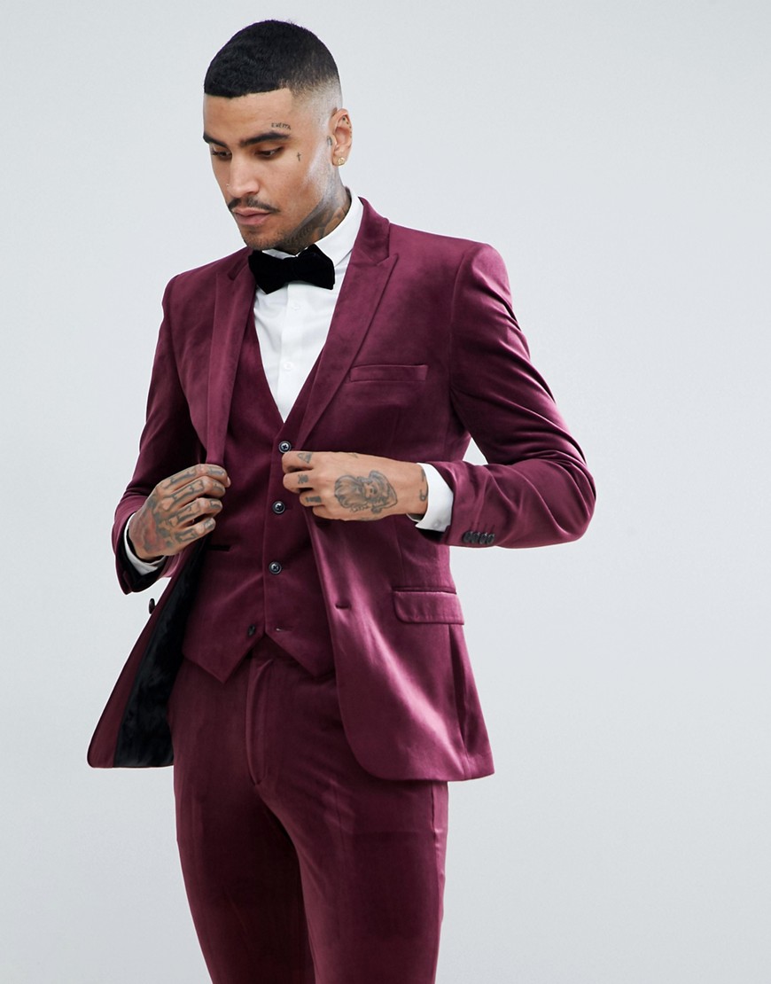 ASOS DESIGN super skinny prom suit jacket in burgundy velvet