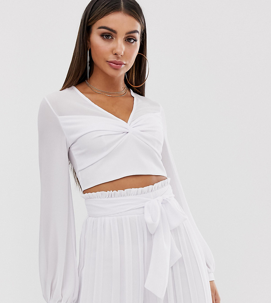 TFNC knot front long sleeve wrap co-ord crop top in white