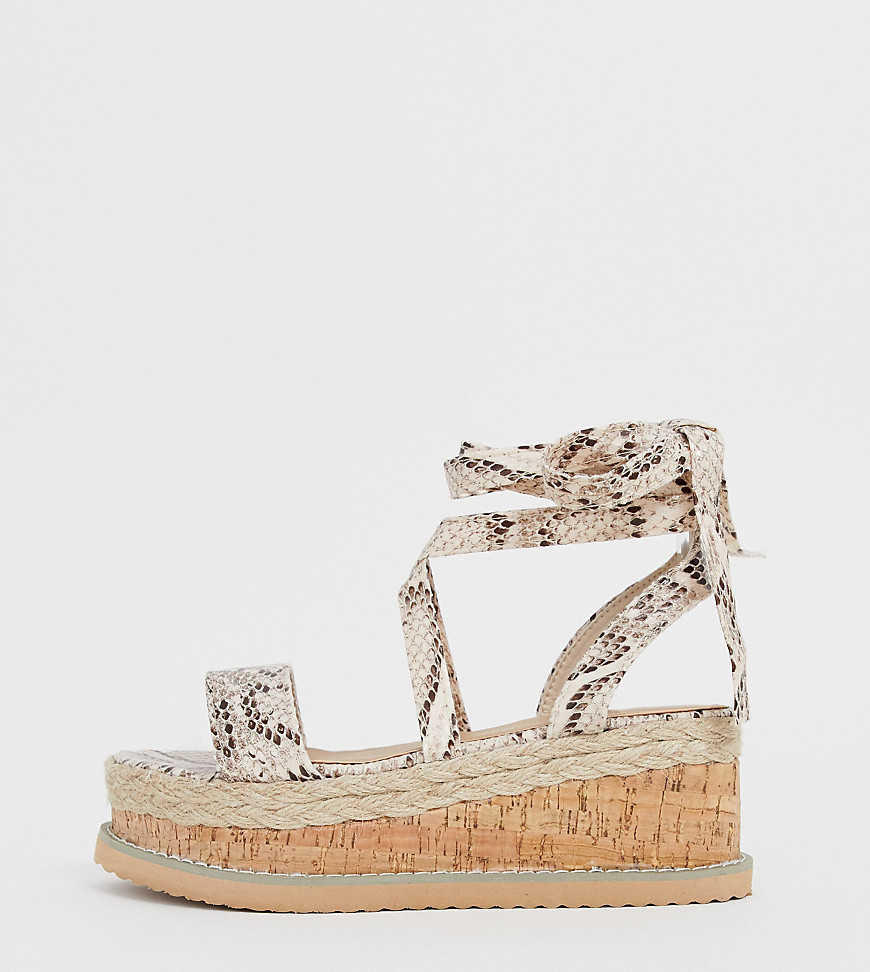PrettyLittleThing espadrille flatform sandals with ankle ties in snake