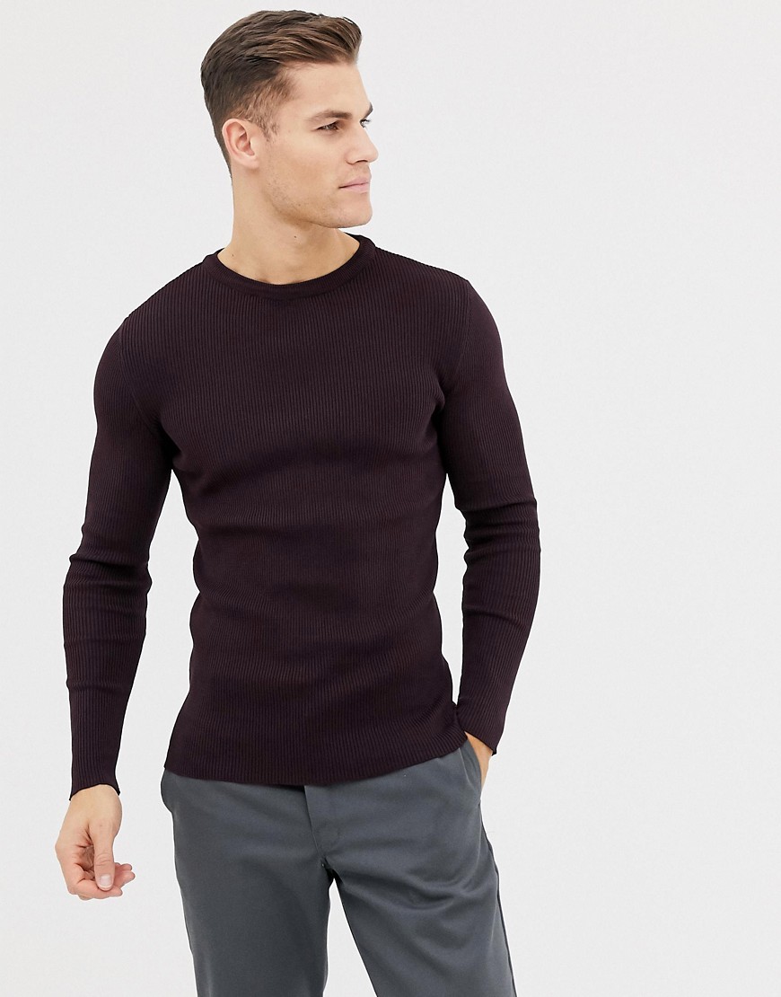 New Look muscle fit ribbed jumper in burgundy