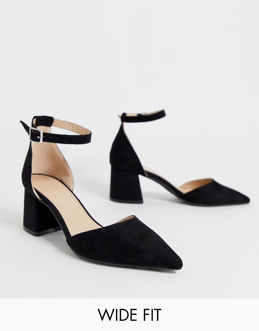 Simply Be extra wide fit Estee pointed block heel shoe with ankle strap in black