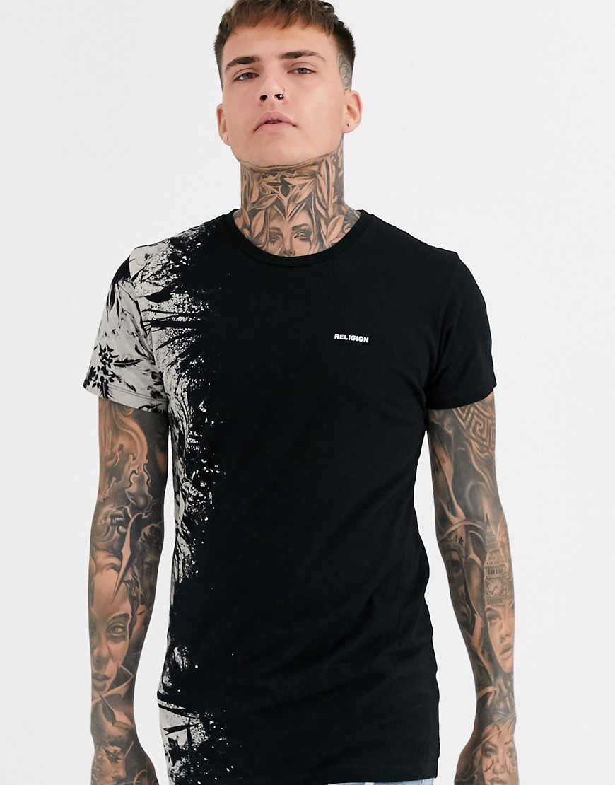 Religion t-shirt with side floral print in black