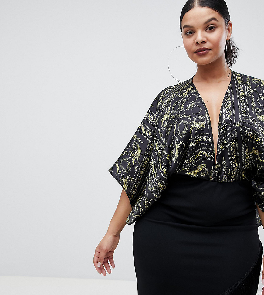 Flounce London Plus Wrap Front Bodysuit with Kimono Sleeve in Chain Print