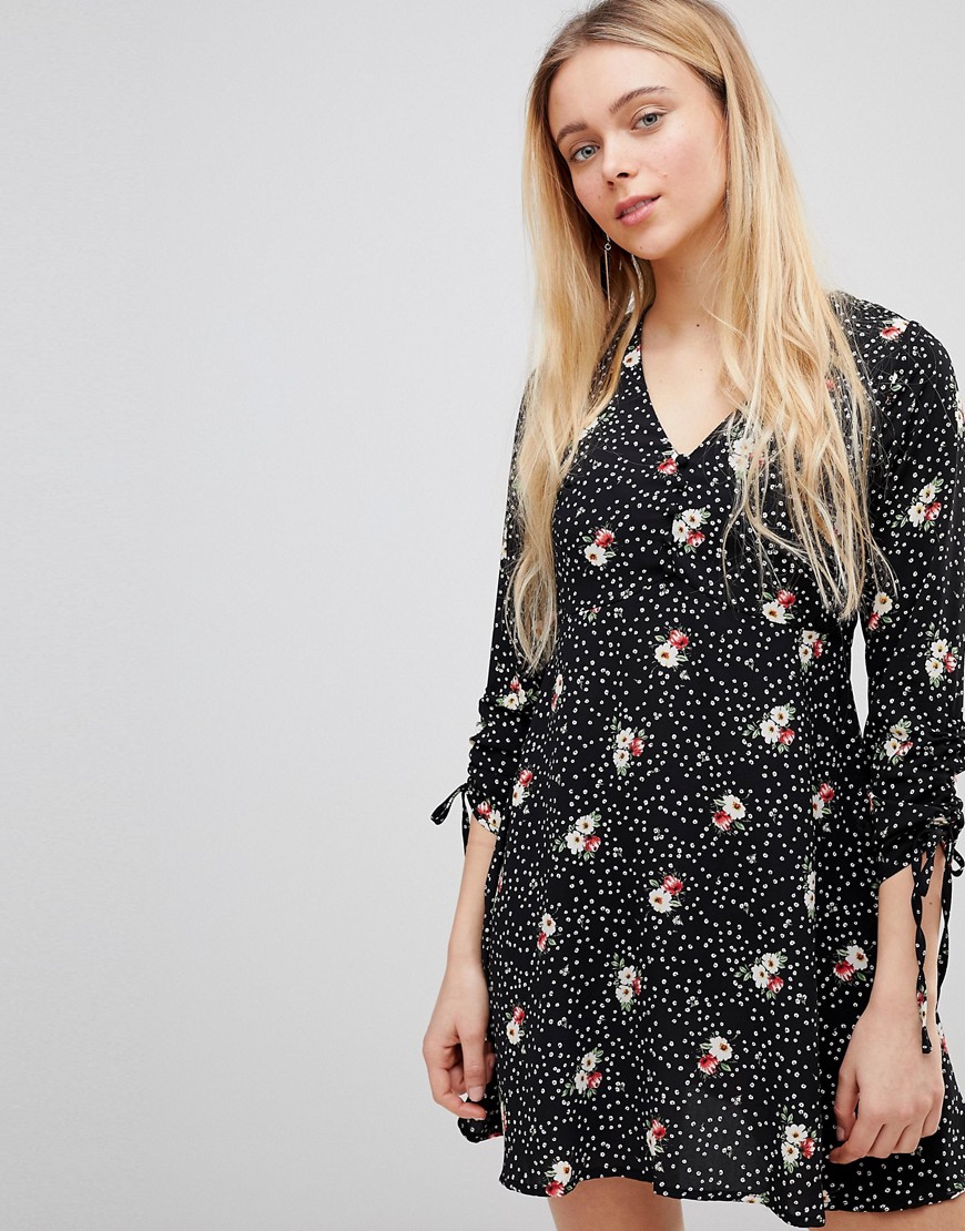 Girls on Film Ditsy Floral Dress With Tie Sleeves - Black ditsy floral