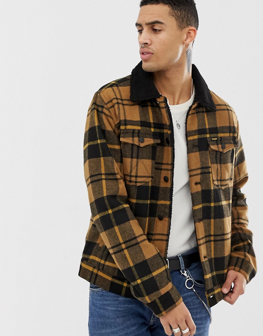 Wrangler borg lined check wool trucker jacket in golden brown