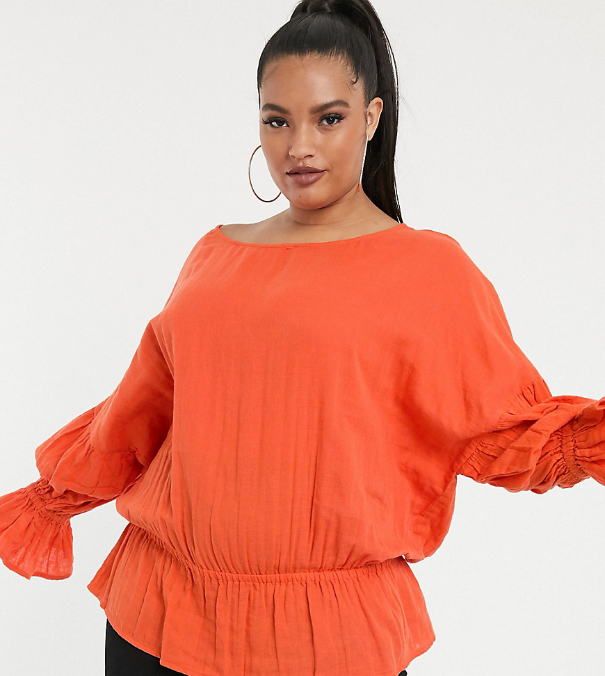 PrettyLittleThing Plus linen look blouse with ruffle trims in orange