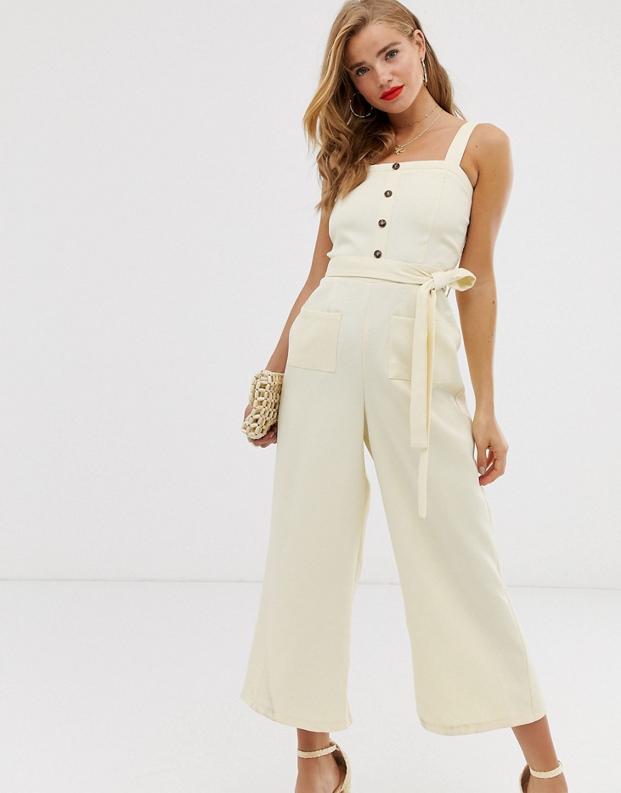 In The Style x Laura Jade strappy button front culotte jumpsuit in cream