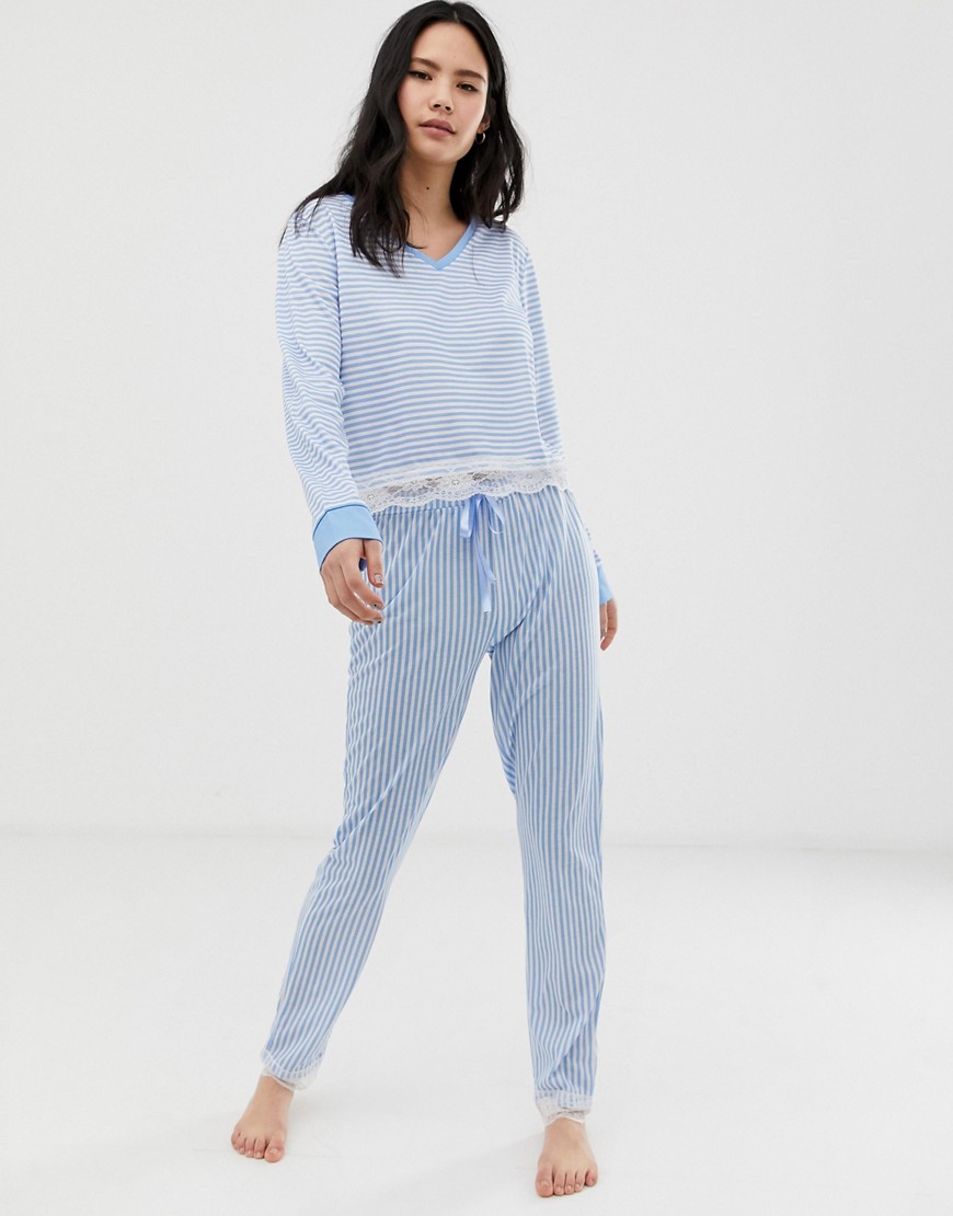 Hey Peachy stripe pyjama long set with lace trim detail in blue