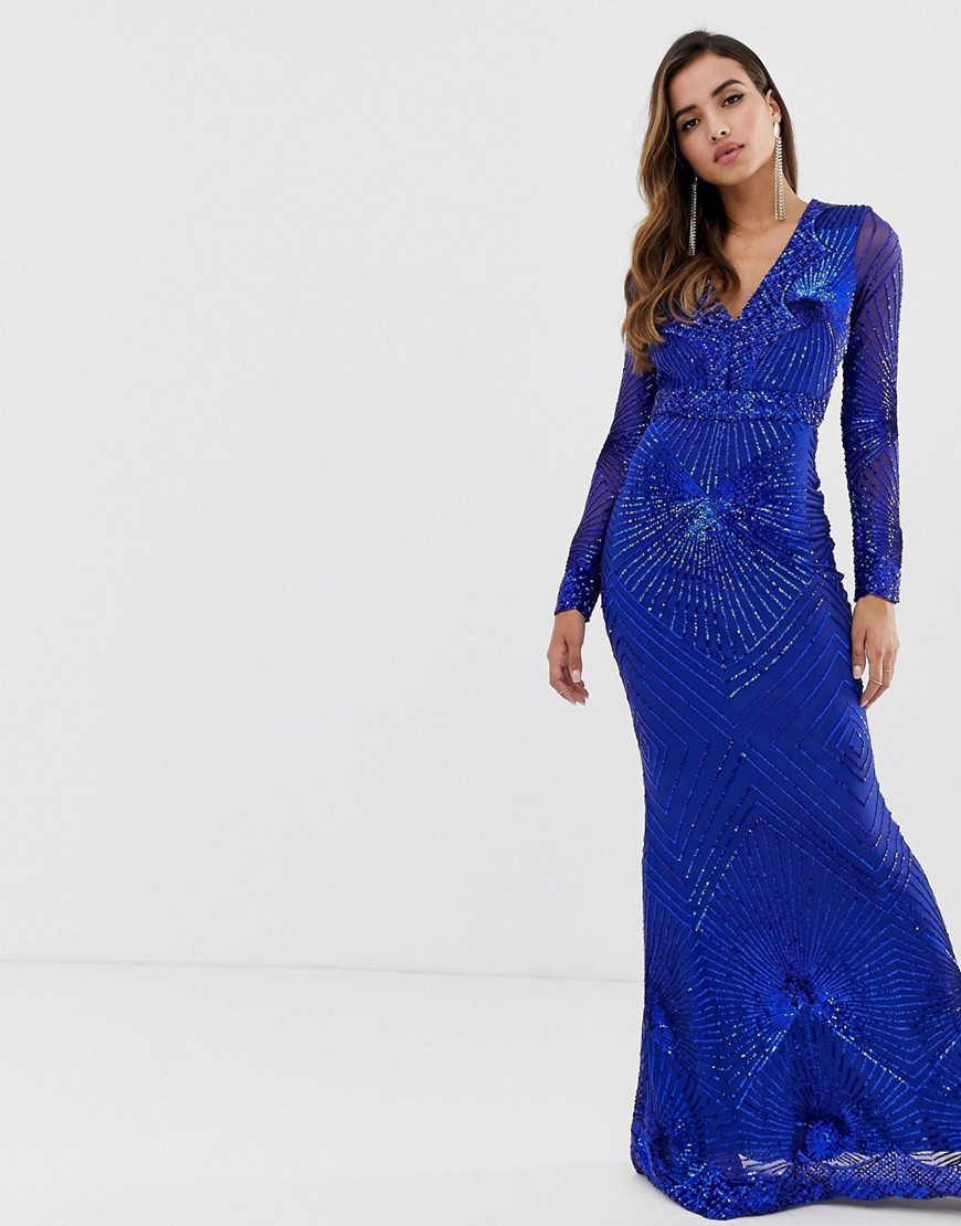 Goddiva plunge embellished sequin maxi dress with long sleeves in colbalt