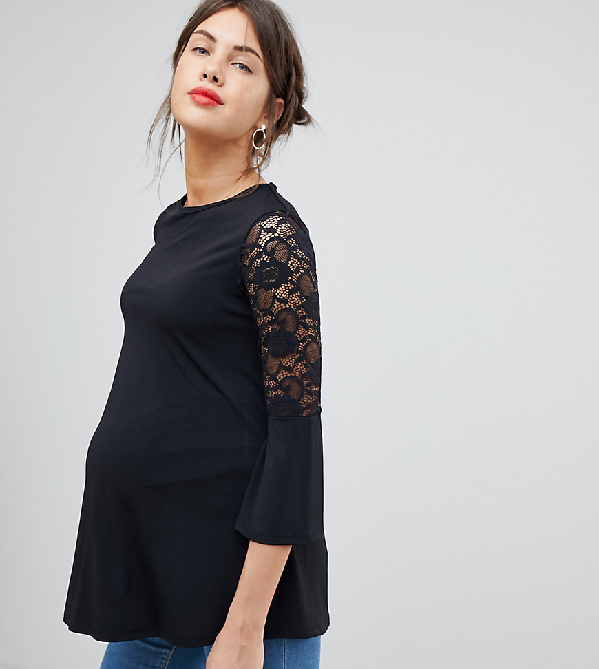 Bluebelle Maternity swing top with lace inset sleeve in black