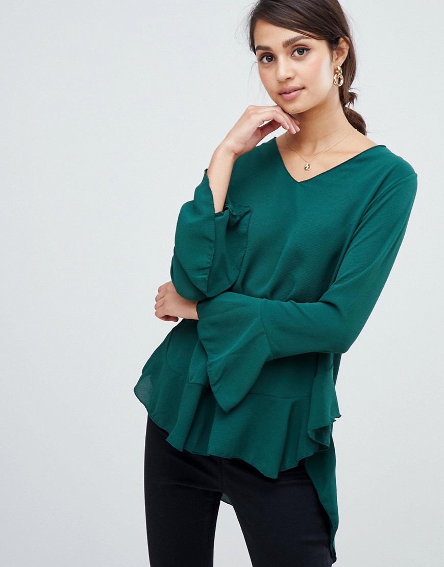 Girls on Film v neck top with frill sleeve - Green