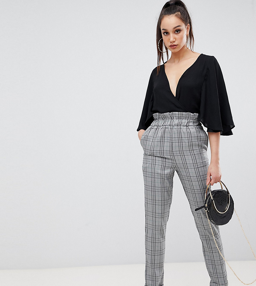 Missguided Tall paper bag waist trousers in grey check