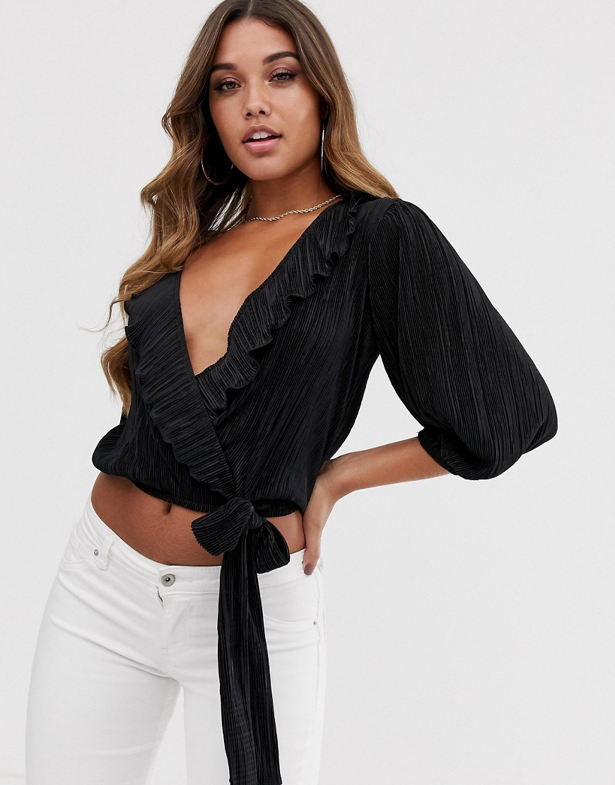 ASOS DESIGN wrap top in plisse with ruffle and tie side