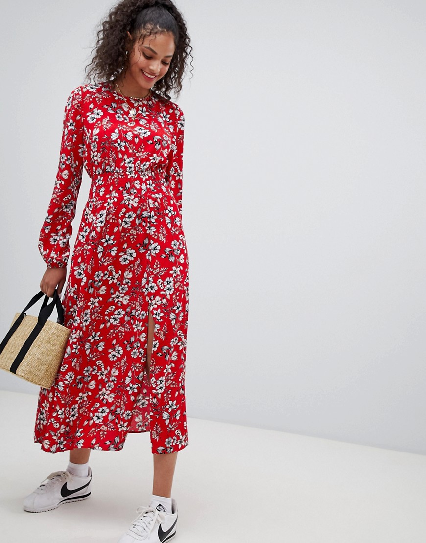 Nobody's Child maxi dress with shirred waist and side split in floral - Red ditsy floral