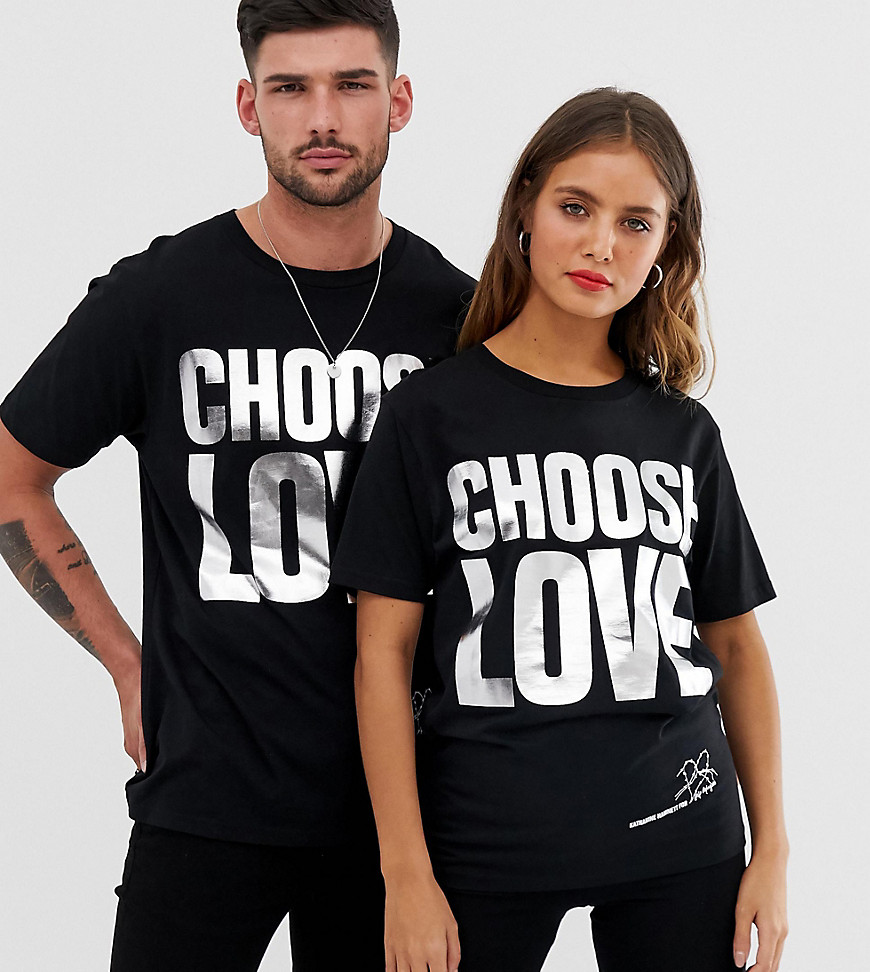 Help Refugees Choose Love silver foil t-shirt in black organic cotton