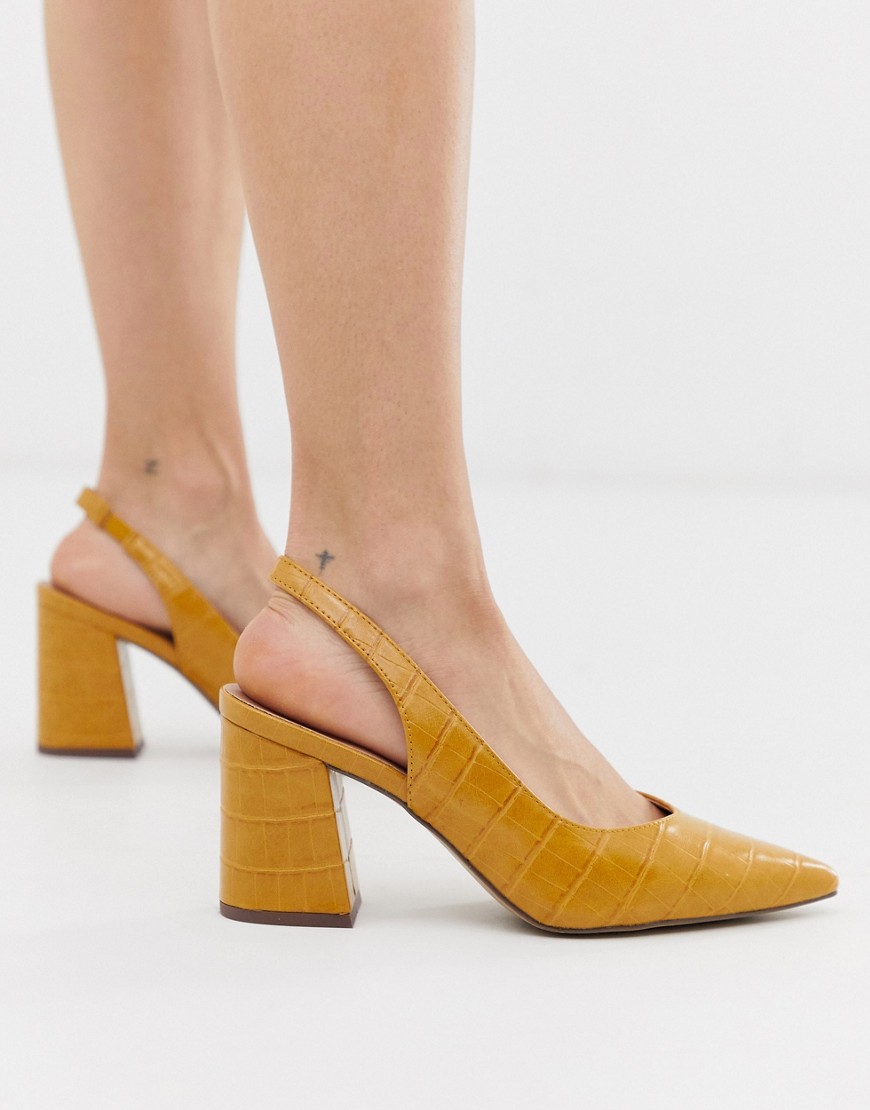 New Look slingback block heeled shoes in dark yellow croc