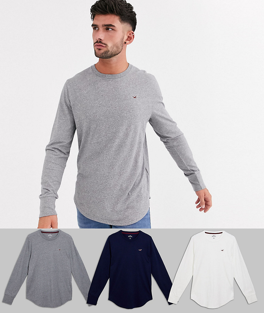 Hollister 3 pack icon logo long sleeve tops in white/grey/navy