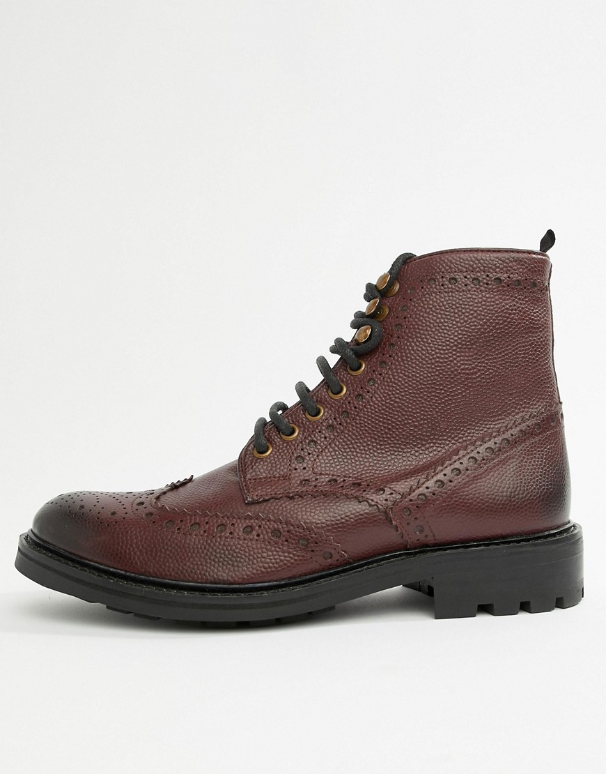 WALK London Sean brogue boots in burgundy leather