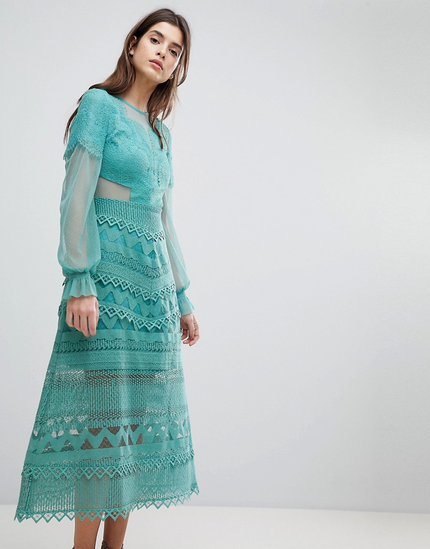 Three Floor Lace Midi Dress With Bell Sleeves