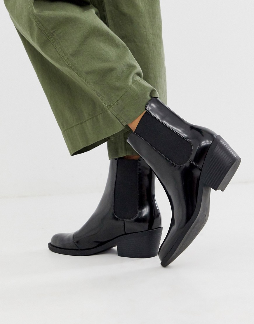 Monki faux leather heeled boots with pointed toe in black