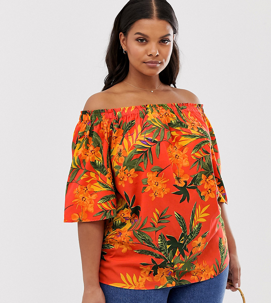 Simply Be bardot top in orange tropical print