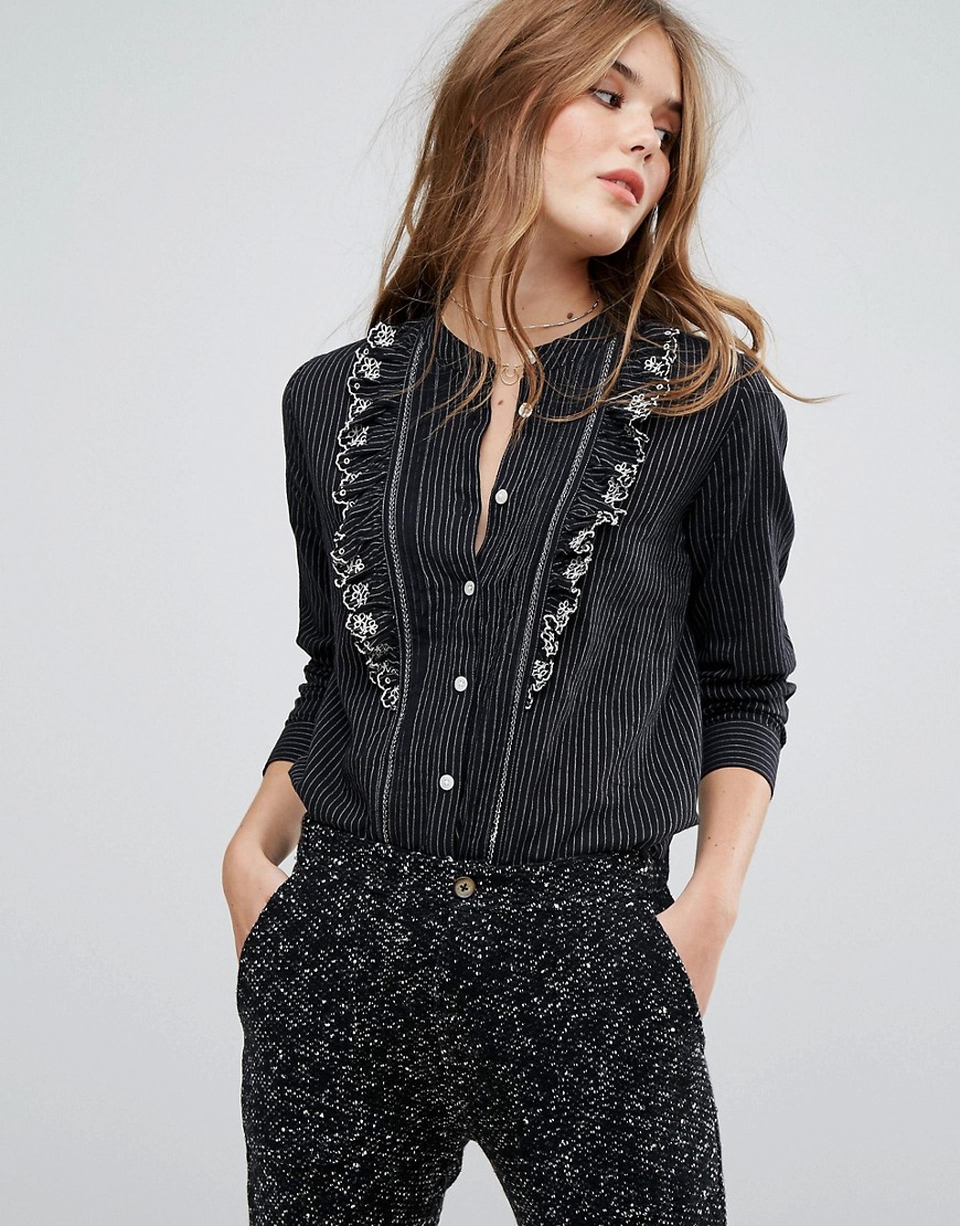 Leon and Harper Clelie Shirt with Ruffle Front - Black