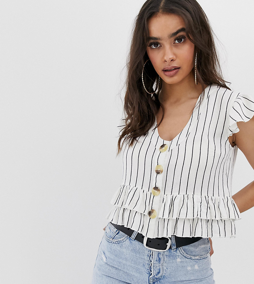 PrettyLittleThing button through top with frill detail in cream stripe