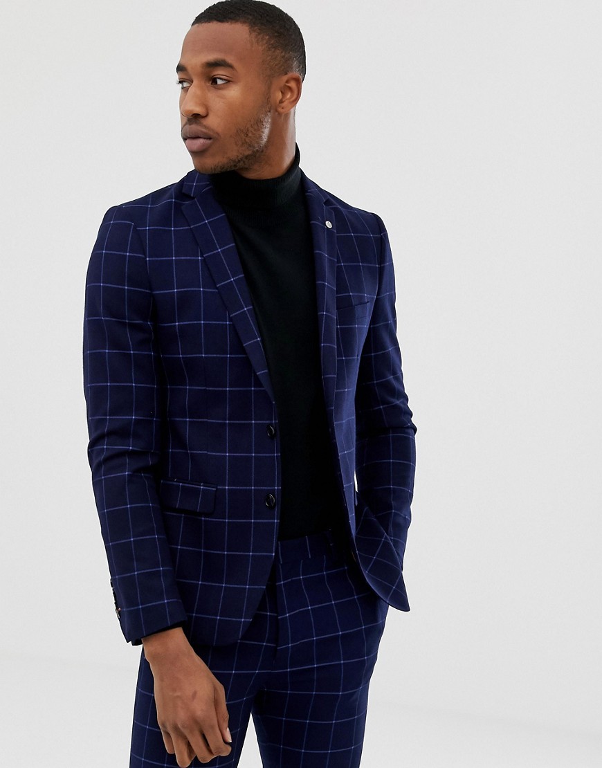 Avail London skinny fit single breasted windowpane suit jacket in blue navy