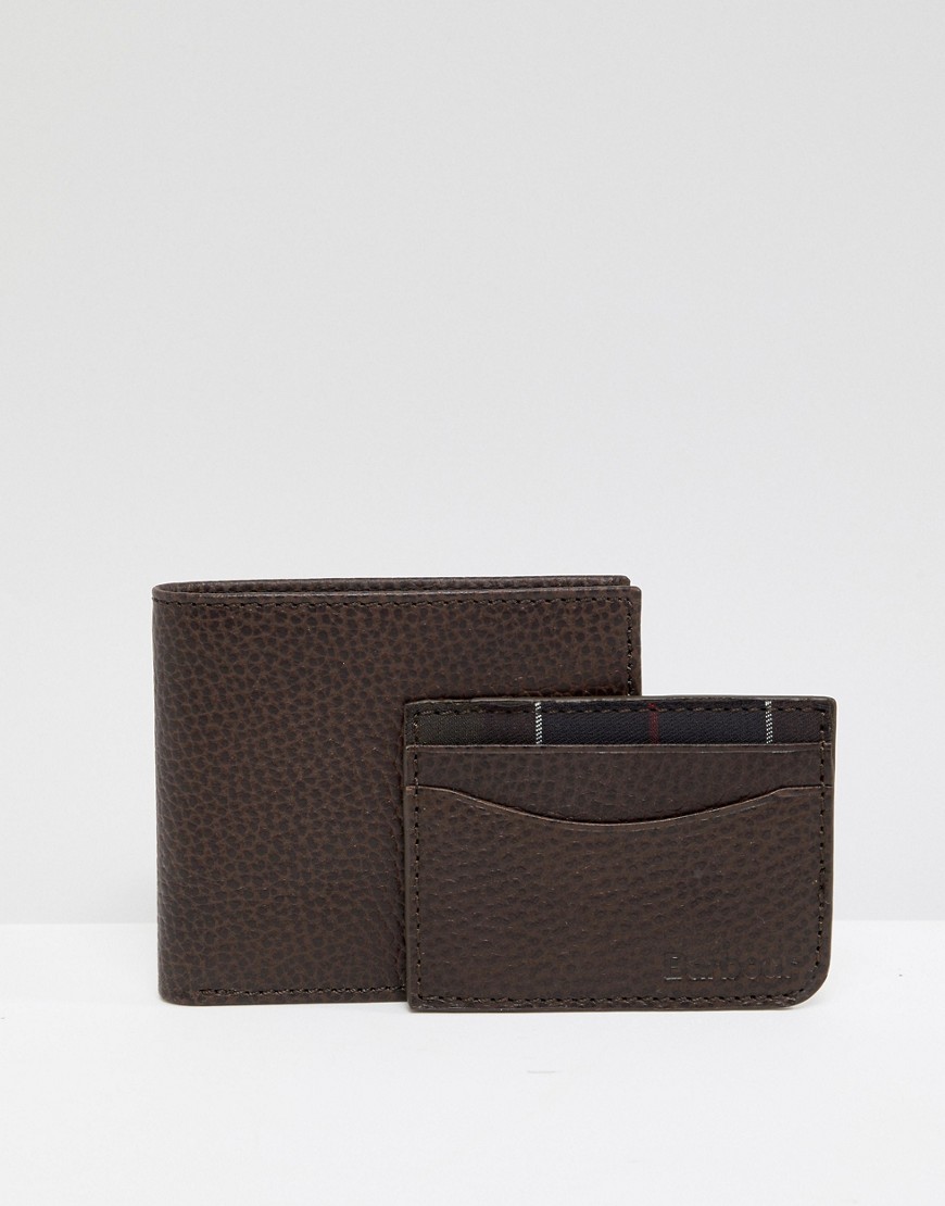 Barbour grain leather wallet and card holder gift set in brown - Brown