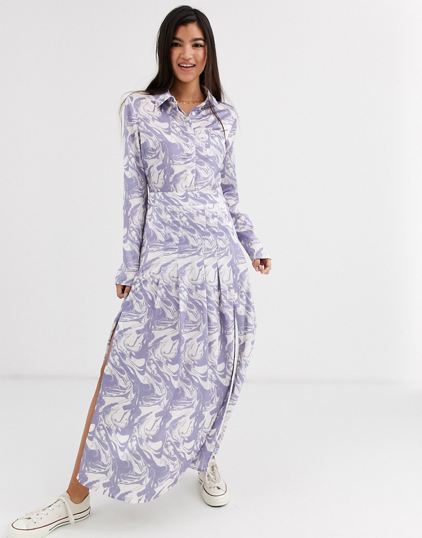 Glamorous midi shirt dress with pleated skirt in marble print