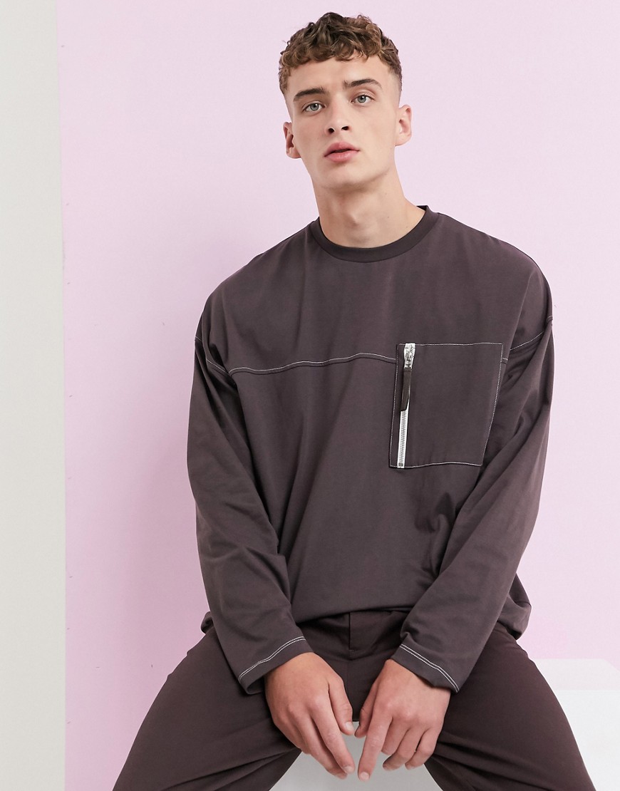 ASOS DESIGN super longline oversized long sleeve t-shirt with contrast stitching and utility pocket in brown