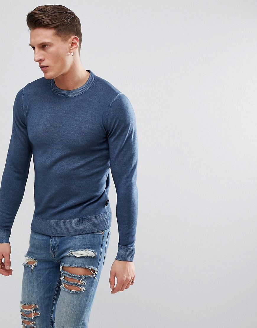 TED BAKER CREW NECK KNIT SWEATER IN WOOL - BLUE,142677 LUKKY