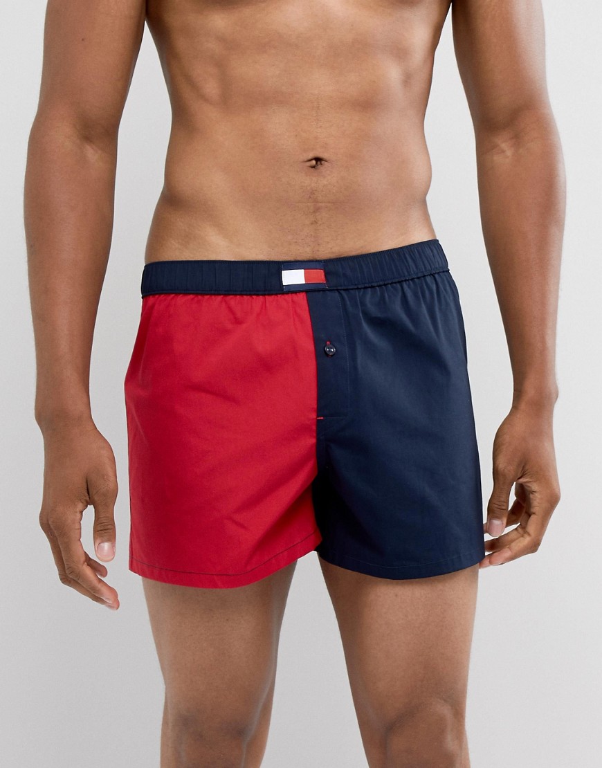 Tommy Hilfiger cotton woven boxer with flag logo waistband in red and navy