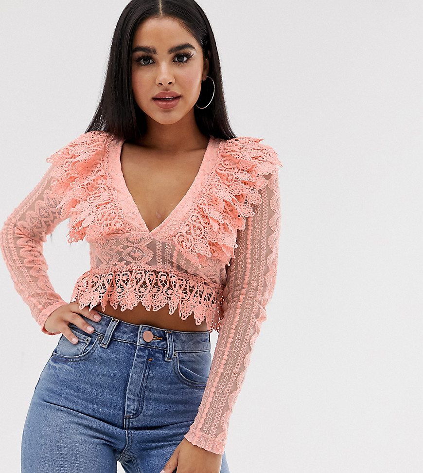 PrettyLittleThing Petite peplum v neck blouse with lace frill detail in dusky pink